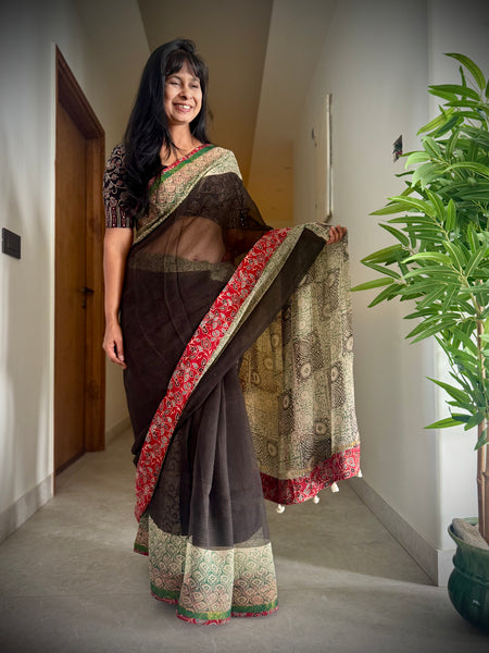 kota doria cotton saree with patchwork border