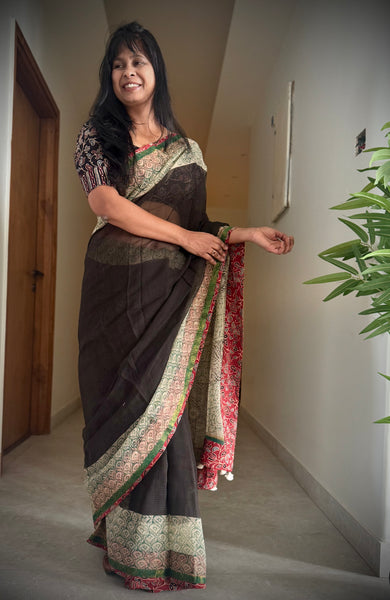 kota doria cotton saree with patchwork border