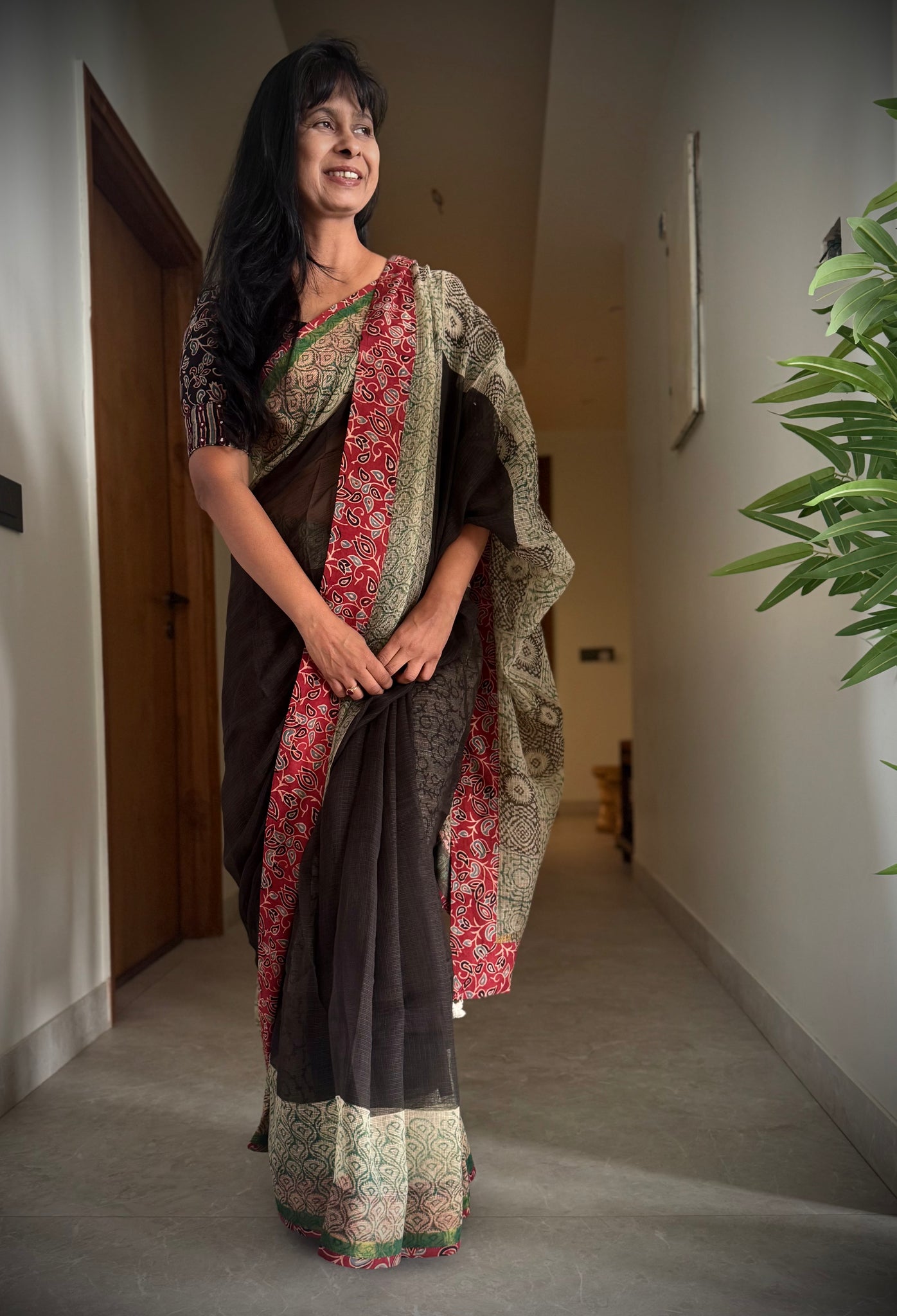 kota doria cotton saree with patchwork border