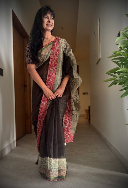 kota doria cotton saree with patchwork border