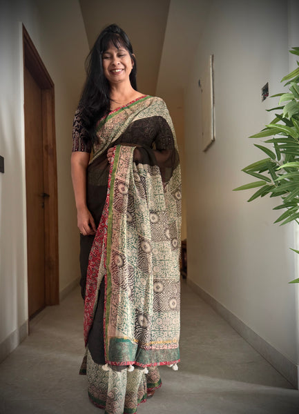 kota doria cotton saree with patchwork border