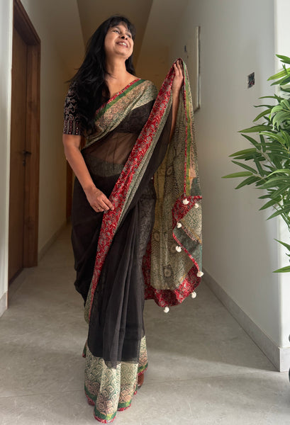 kota doria cotton saree with patchwork border
