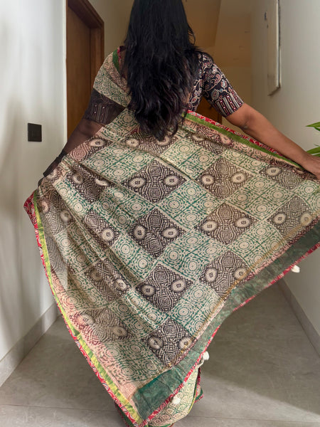 kota doria cotton saree with patchwork border