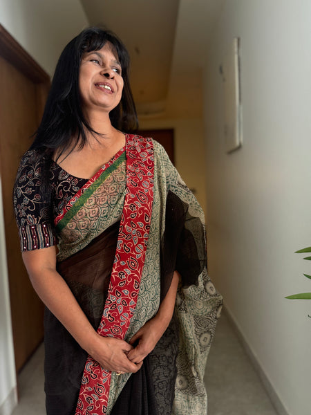 kota doria cotton saree with patchwork border