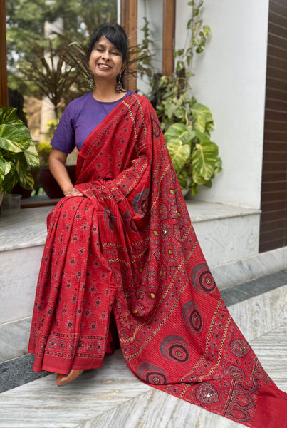 Desert Geometry- Ajrakh Hand Embroidered Cotton Saree - Naturally Dyed
