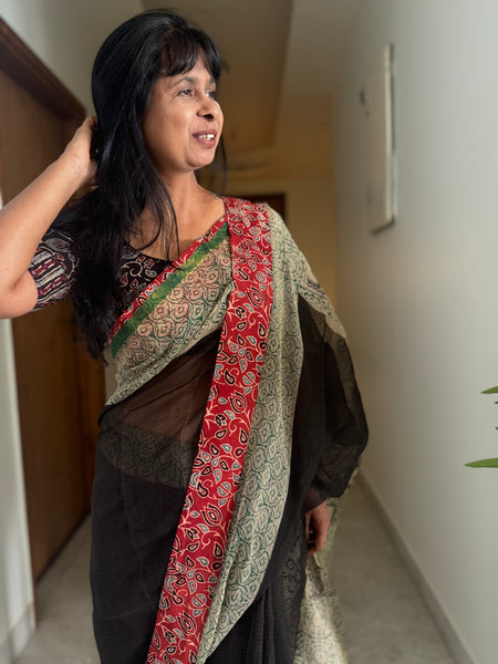 kota doria cotton saree with patchwork border