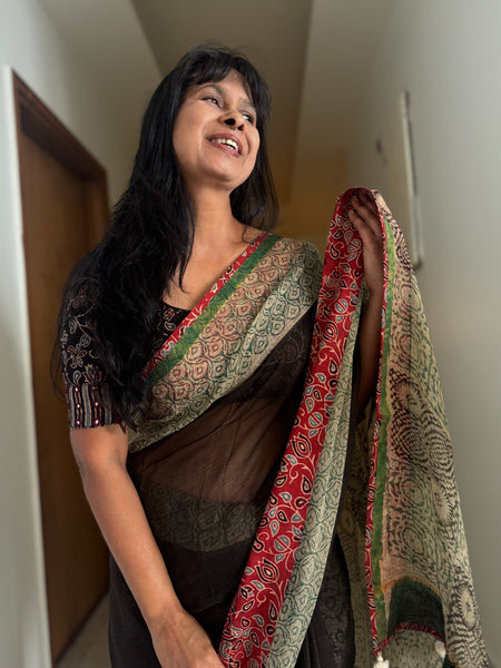 kota doria cotton saree with patchwork border