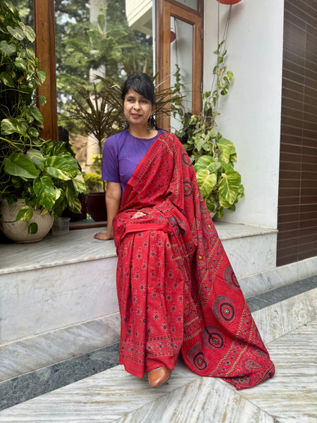 Desert Geometry- Ajrakh Hand Embroidered Cotton Saree - Naturally Dyed