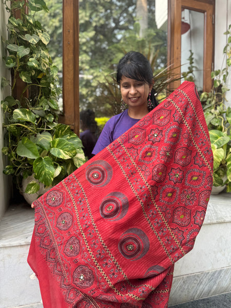 Desert Geometry- Ajrakh Hand Embroidered Cotton Saree - Naturally Dyed