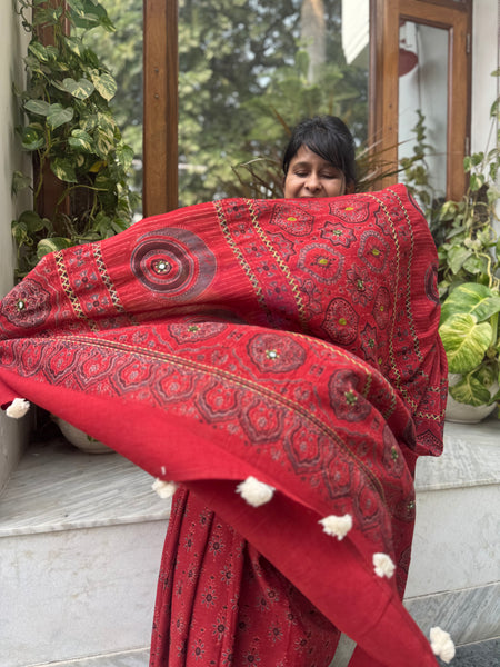 Desert Geometry- Ajrakh Hand Embroidered Cotton Saree - Naturally Dyed