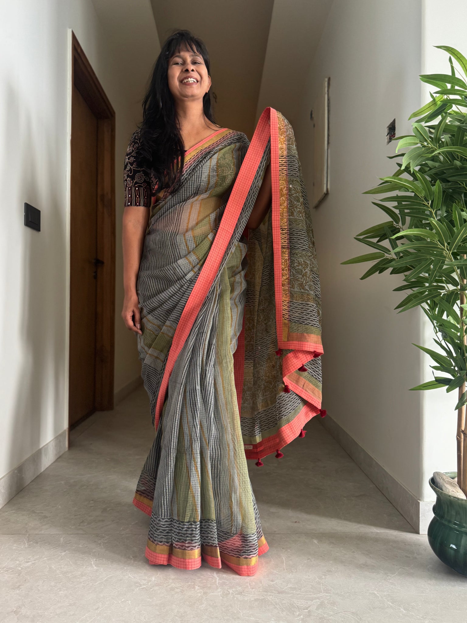 Embroidered pallu & patchwork border- kota doria saree