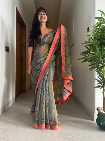 Embroidered pallu & patchwork border- kota doria saree