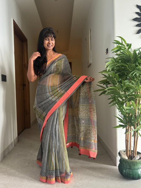 Embroidered pallu & patchwork border- kota doria saree