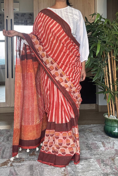 Anar Rang - Cotton block printed saree