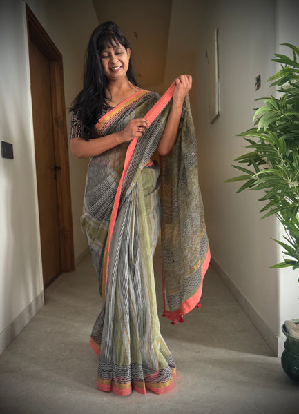 Embroidered pallu & patchwork border- kota doria saree
