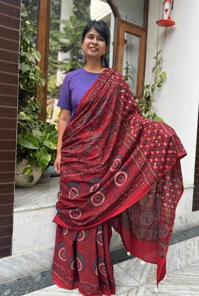 NOT SO PERFECT - Desert Geometry- Ajrakh Hand Embroidered Cotton Saree - Naturally Dyed