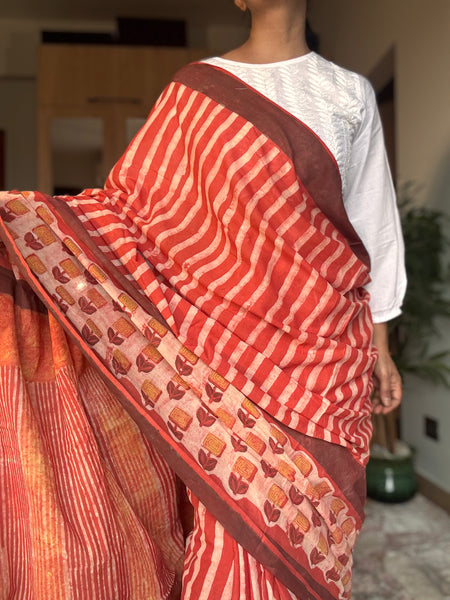 Anar Rang - Cotton block printed saree