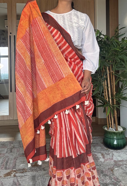 Anar Rang - Cotton block printed saree