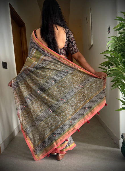 Embroidered pallu & patchwork border- kota doria saree