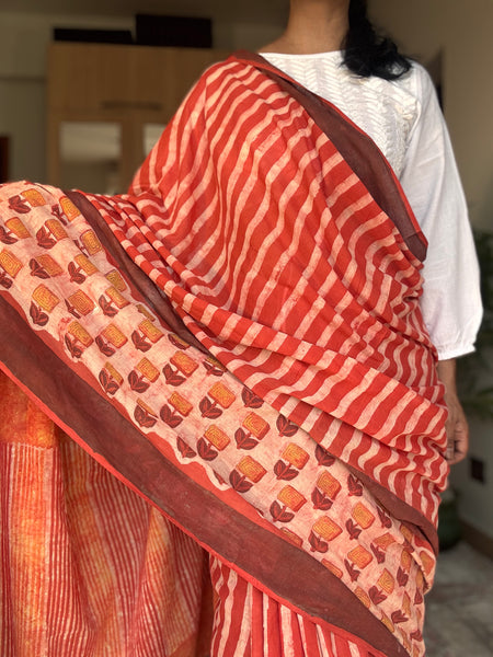 Anar Rang - Cotton block printed saree