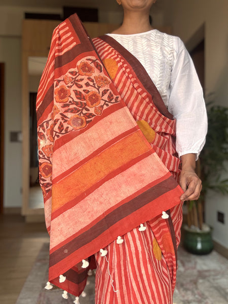 Anar Rang - Cotton block printed saree