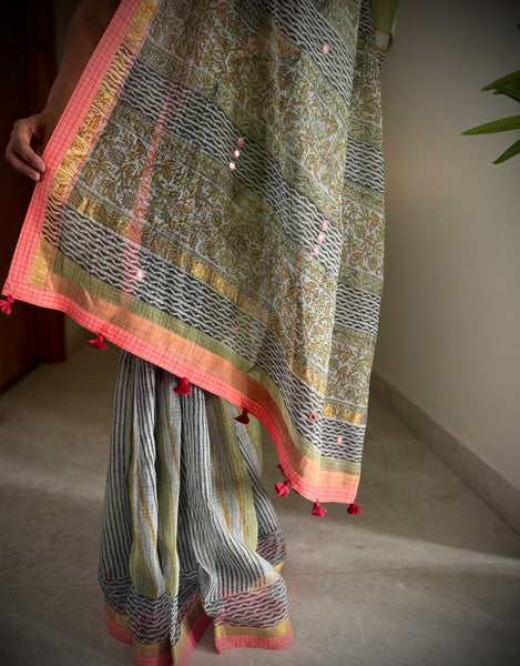 Embroidered pallu & patchwork border- kota doria saree