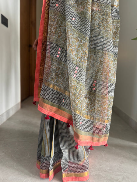 Embroidered pallu & patchwork border- kota doria saree