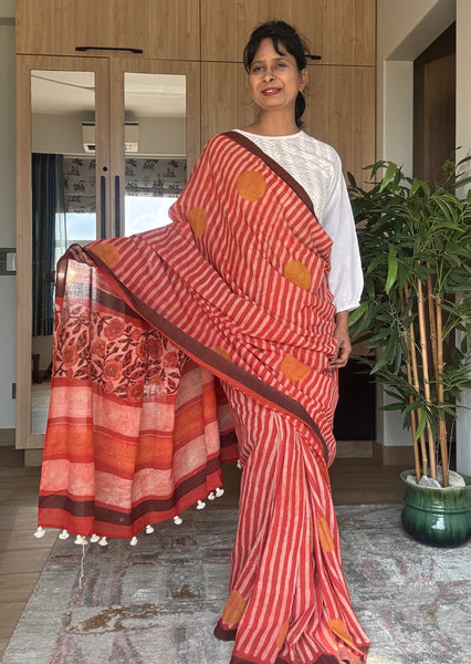 Anar Rang - Cotton block printed saree