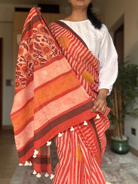 Anar Rang - Cotton block printed saree