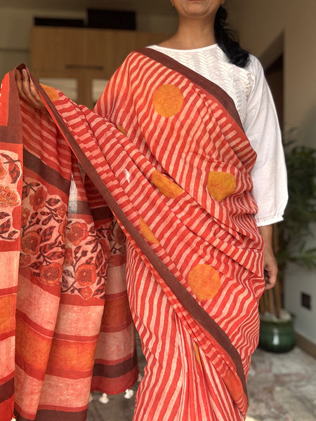 Anar Rang - Cotton block printed saree