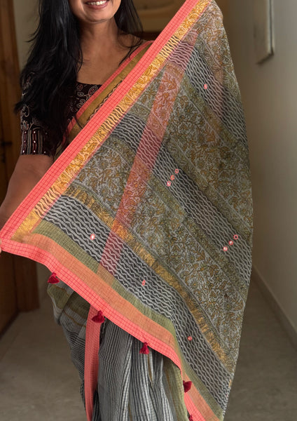 Embroidered pallu & patchwork border- kota doria saree
