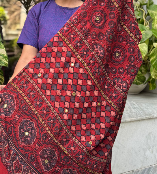 NOT SO PERFECT - Desert Geometry- Ajrakh Hand Embroidered Cotton Saree - Naturally Dyed