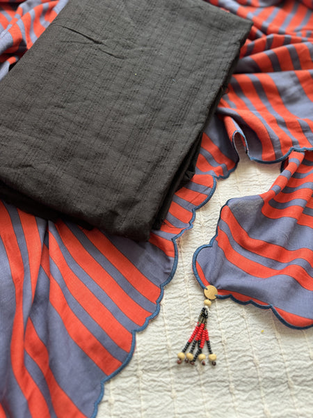 Stripe Modal voile digital printed saree with plain Black BP