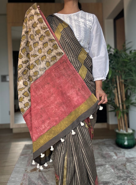 Anar Rang - Cotton block printed saree