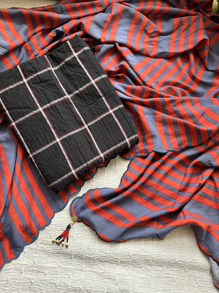 Stripe Modal voile digital printed saree with black checks BP