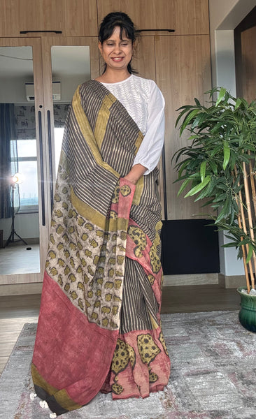 Anar Rang - Cotton block printed saree