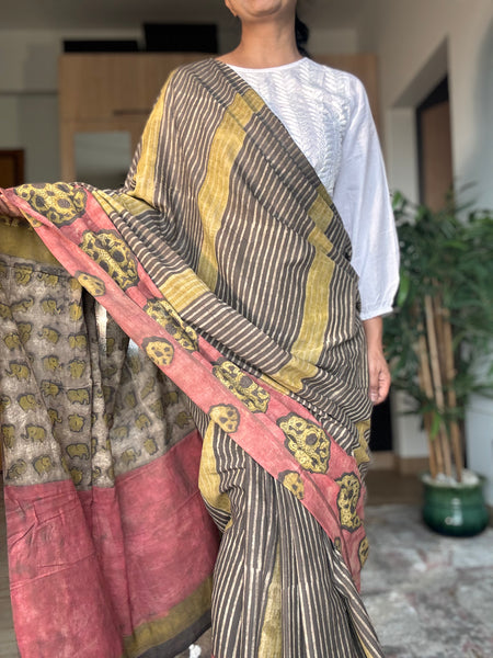 Anar Rang - Cotton block printed saree