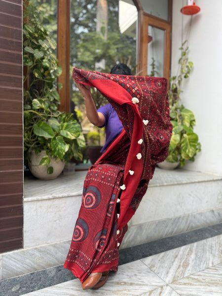 NOT SO PERFECT - Desert Geometry- Ajrakh Hand Embroidered Cotton Saree - Naturally Dyed