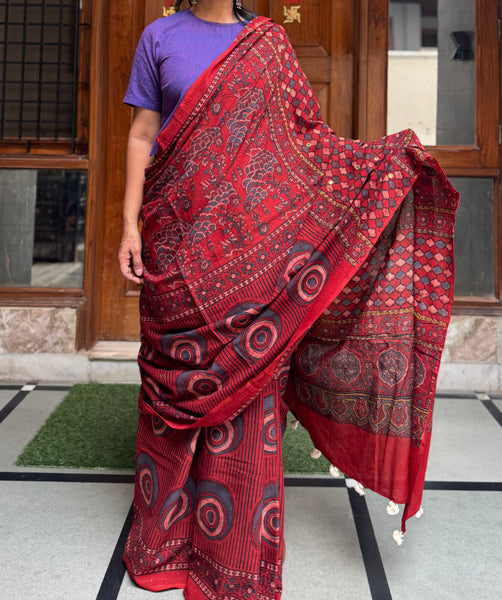 NOT SO PERFECT - Desert Geometry- Ajrakh Hand Embroidered Cotton Saree - Naturally Dyed