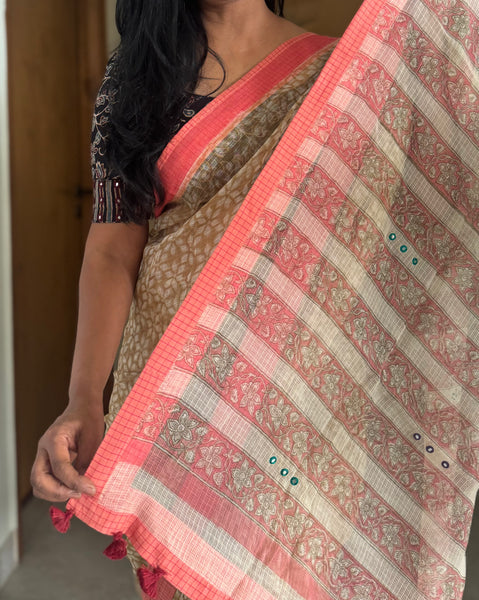 Embroidered pallu & patchwork border- kota doria saree