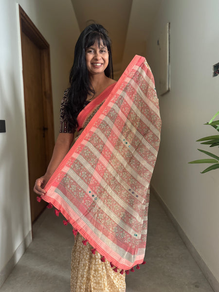 Embroidered pallu & patchwork border- kota doria saree