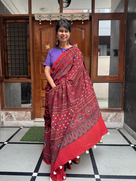 NOT SO PERFECT - Desert Geometry- Ajrakh Hand Embroidered Cotton Saree - Naturally Dyed
