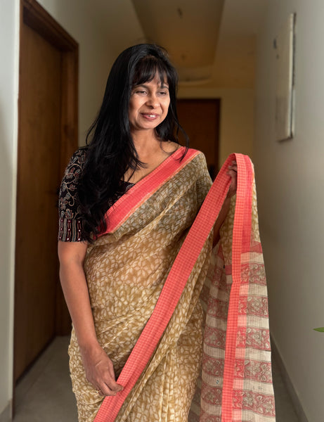 Embroidered pallu & patchwork border- kota doria saree