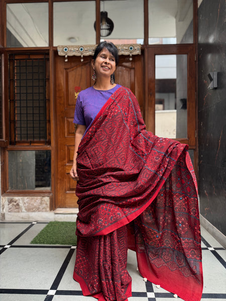 Desert Geometry- Ajrakh Hand Embroidered Cotton Saree - Naturally Dyed