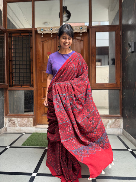 Desert Geometry- Ajrakh Hand Embroidered Cotton Saree - Naturally Dyed
