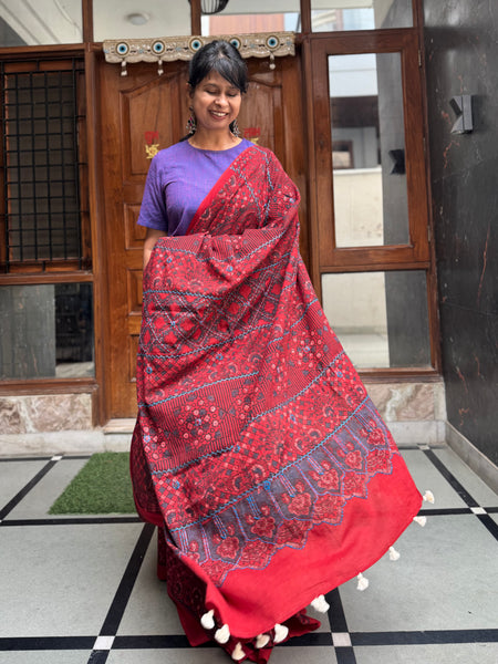 Desert Geometry- Ajrakh Hand Embroidered Cotton Saree - Naturally Dyed