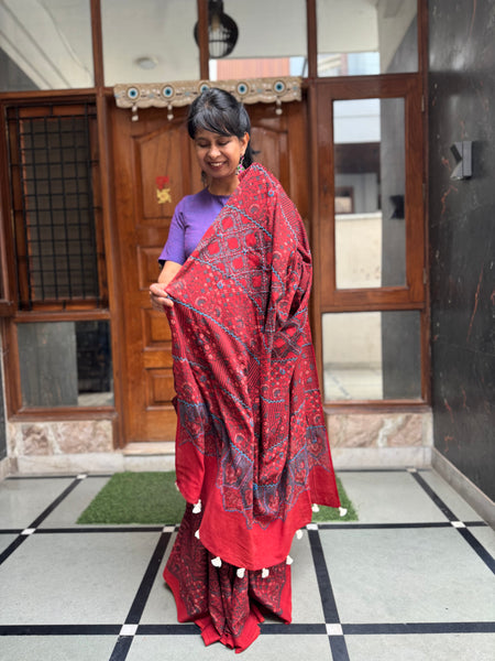 Desert Geometry- Ajrakh Hand Embroidered Cotton Saree - Naturally Dyed