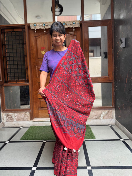Desert Geometry- Ajrakh Hand Embroidered Cotton Saree - Naturally Dyed