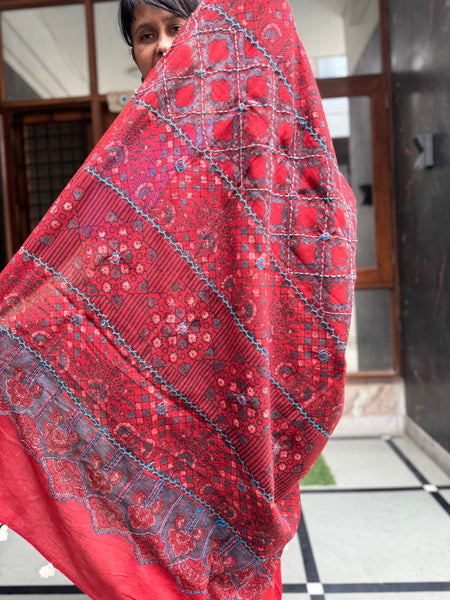 Desert Geometry- Ajrakh Hand Embroidered Cotton Saree - Naturally Dyed