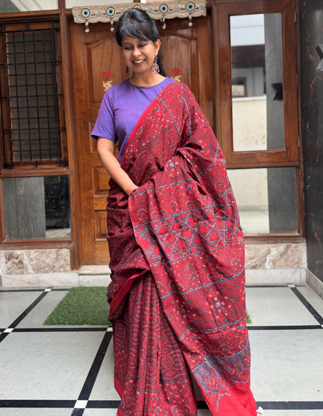 Desert Geometry- Ajrakh Hand Embroidered Cotton Saree - Naturally Dyed